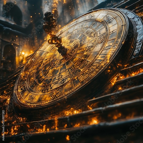 An ornate celestial clock rests on stone steps illuminated with light