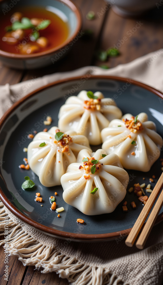 Zongzi - Delicious steamed dumplings on a dark plate with sauce Zongzi - Delicious steamed dumplings on a dark plate with sauce