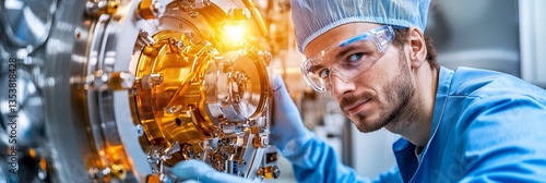 quantum computing entanglement concept. Lab scientist calibrating a dilution refrigerator .