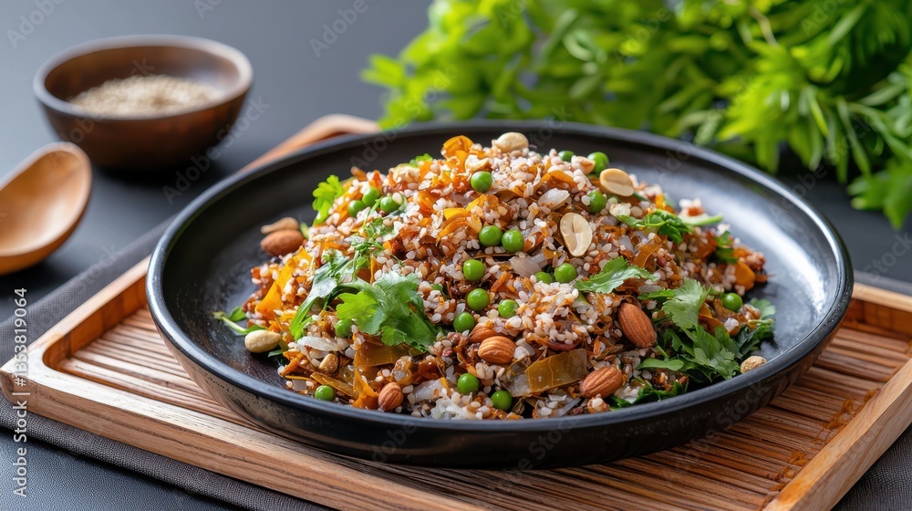 Delicious Bowl of Rice and Fresh Vegetables Served on Rustic Wooden Board Delicious Bowl of Rice and Fresh Vegetables Served on Rustic Wooden Board