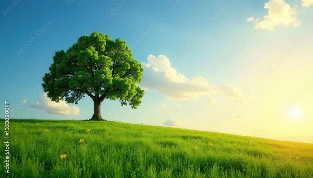 Obraz premium Lone tree stands tall on vast grassland, sunlit , wild, tree