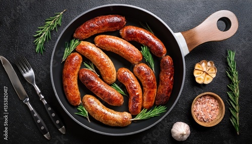 Sausage on a frying pan on a black background top view