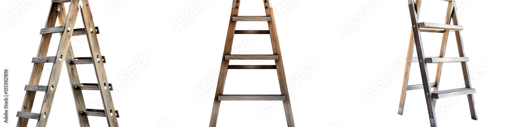 Wooden Ladder and Folding Step Ladder isolated on transparent background, Wooden Ladder and Folding Step Ladder isolated on transparent background,