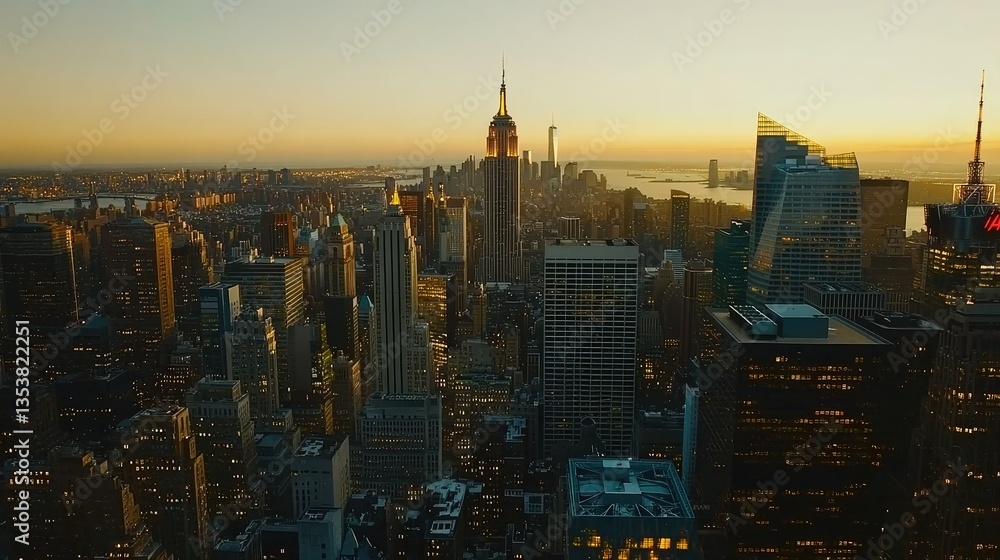 Naklejka premium Iconic Manhattan skyline at dusk, with city lights beginning to sparkle as the sun sets over the horizon.