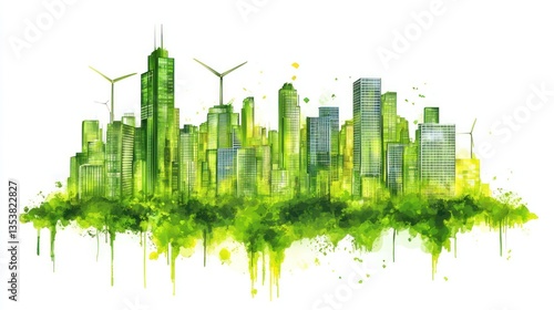 Watercolor illustration of a sustainable city skyline