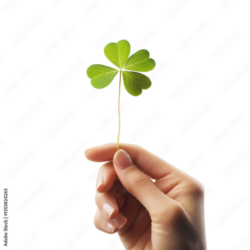 A Touch of Luck: Holding a Four-Leaf Clover on white background A Touch of Luck: Holding a Four-Leaf Clover on white background