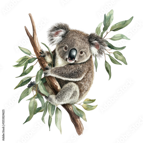 Adorable Koala Clinging to a Eucalyptus Tree on white background