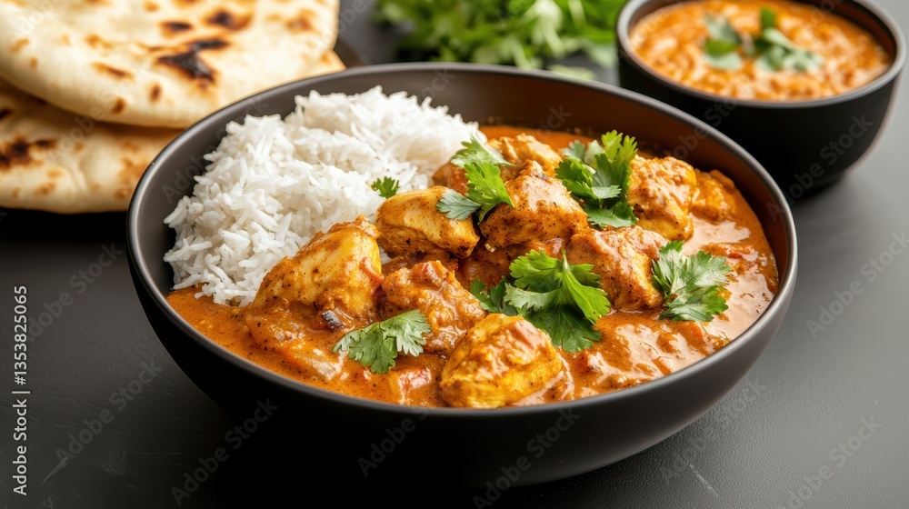 Delicious Chicken Curry Served in Bowl Accompanied by Rice and Naan Delicious Chicken Curry Served in Bowl Accompanied by Rice and Naan