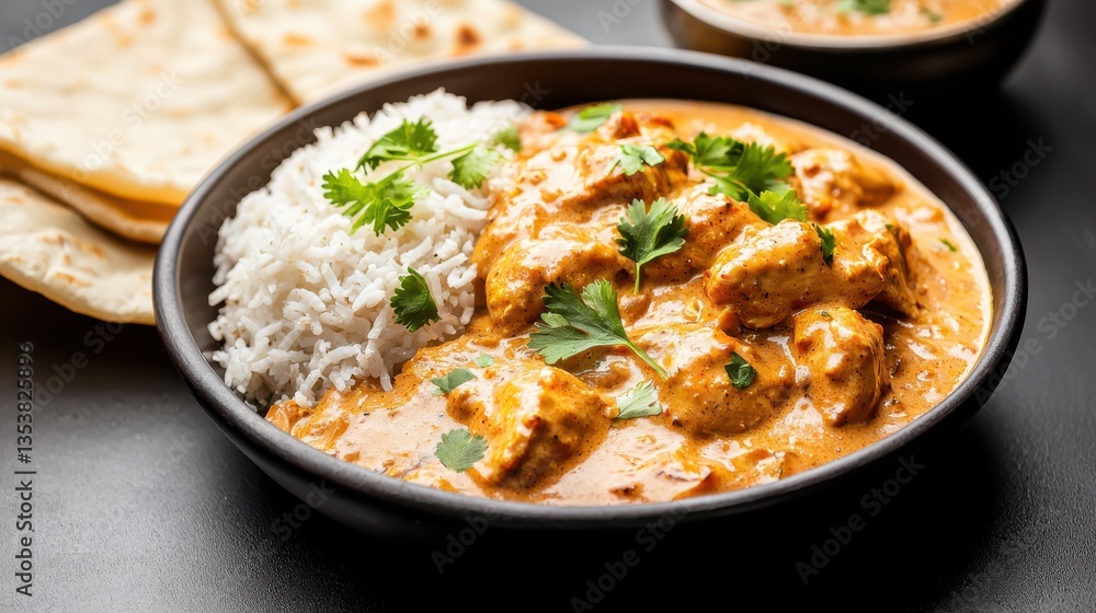Delicious Bowl of Chicken Curry Served with Rice and Fresh Pita Bread Delicious Bowl of Chicken Curry Served with Rice and Fresh Pita Bread