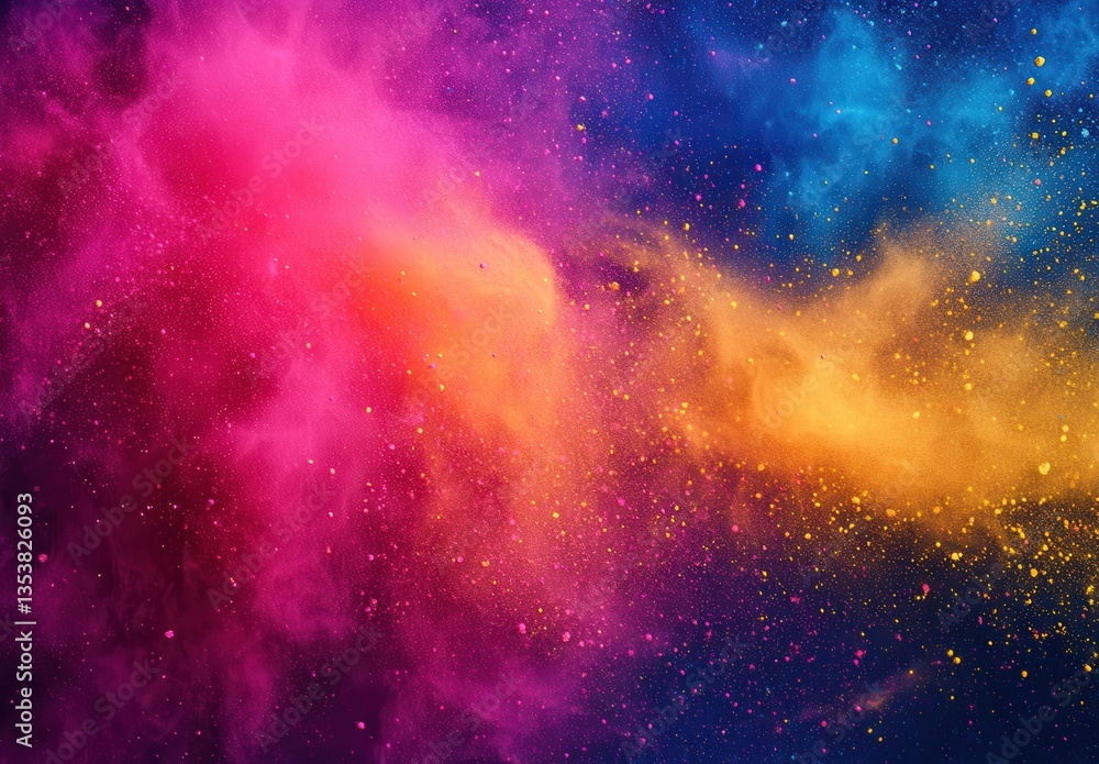 Fototapeta premium Vibrant Cosmic Explosion of Pink, Purple, Orange, and Yellow Colorful Dust Against a Dark Background in a Magical Abstract Art Style