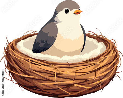 Small bird resting in nest, symbol of new life and fragility