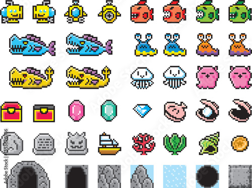 探検ゲーム風ドット絵　海　潜水艦セット