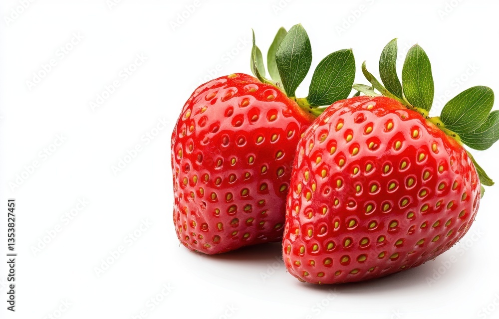 Two ripe red strawberries with green leaves on a white background. Two ripe red strawberries with green leaves on a white background.