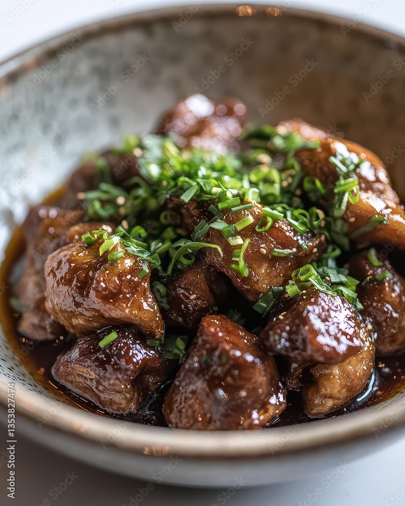 Deliciously glazed meat chunks garnished with fresh herbs in a rustic bowl setting Deliciously glazed meat chunks garnished with fresh herbs in a rustic bowl setting