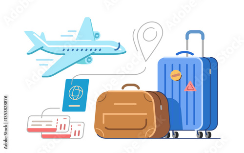 Travel or tourism concept. Air tickets with passport, luggage and airplane is taking off. Booking tourist destination