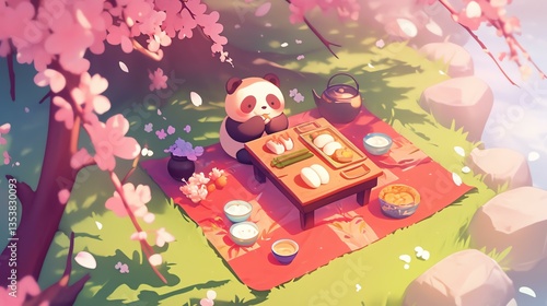 A playful panda enjoying a delightful picnic under cherry blossoms.