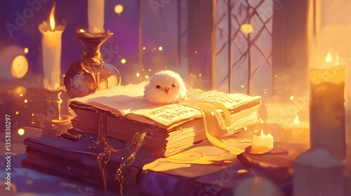 A cozy, magical scene of a small creature resting on an ancient book surrounded by candles.