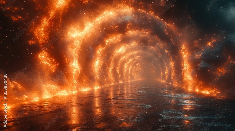 Fiery tunnel of swirling clouds, a path leading to an unknown destination Fiery tunnel of swirling clouds, a path leading to an unknown destination