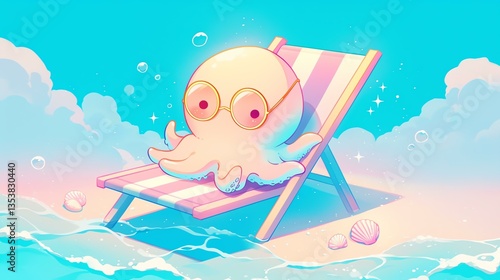 A cheerful octopus relaxing on a beach chair under a vibrant blue sky.