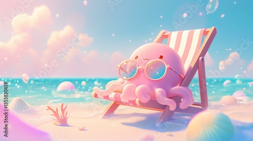 A playful octopus wearing sunglasses relaxes on the beach under the sun.