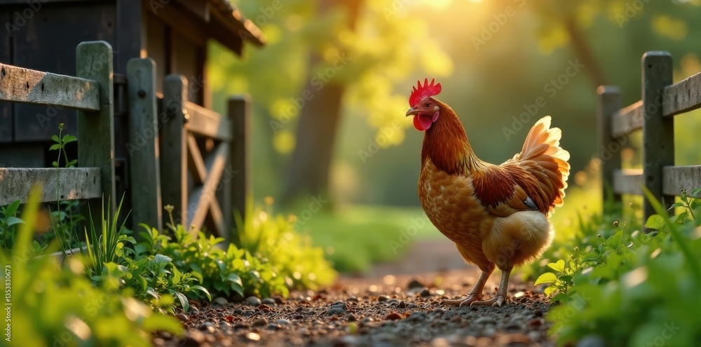 Fototapeta premium Chicken standing near a farm gate with a rustic fence , poultry, rustic