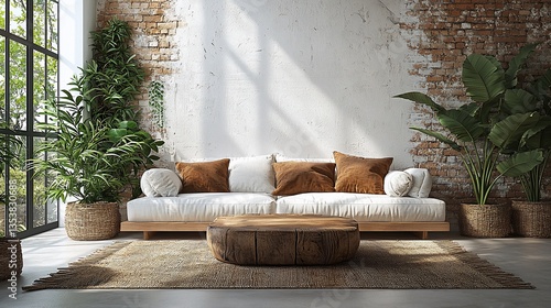 Sunlit living room with sofa, plants, and wooden coffee table.