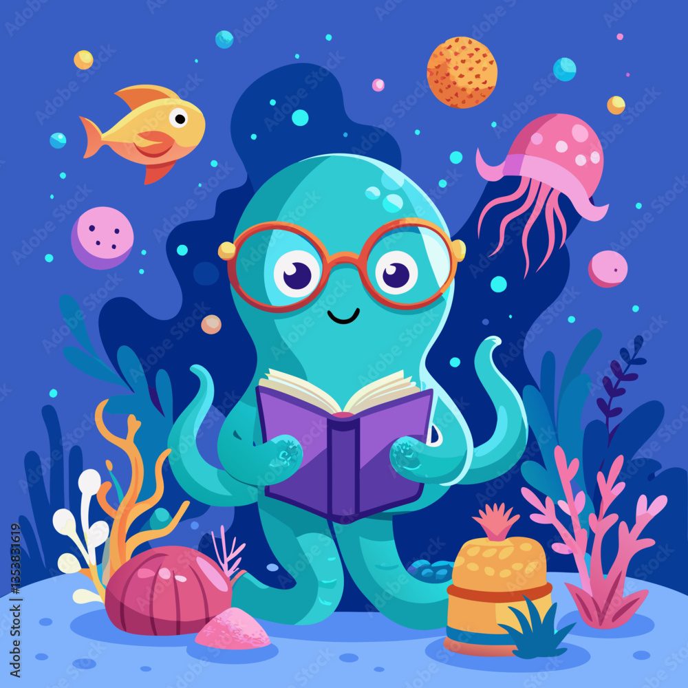 Obraz premium The underwater world of fishes | Octopus illustration | Octopus reading book illustration