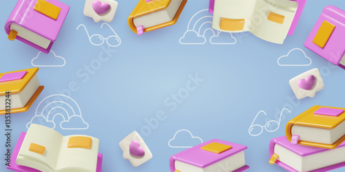 3d books background with flying children books, hearts, rainbows and clouds on blue background. Cute three dimensional school and reading frame design with copy space. Vector illustration.