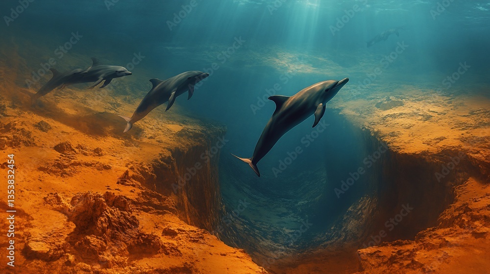 Obraz premium Dolphins swimming through underwater canyon. Ocean wildlife background. Marine life stock photo