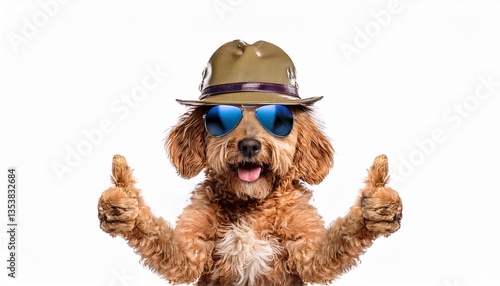 A golden doodle wearing sunglasses and a fisherman hat giving two thumbs up; cool dog wearing hat and sunglasses giving two thumbs up