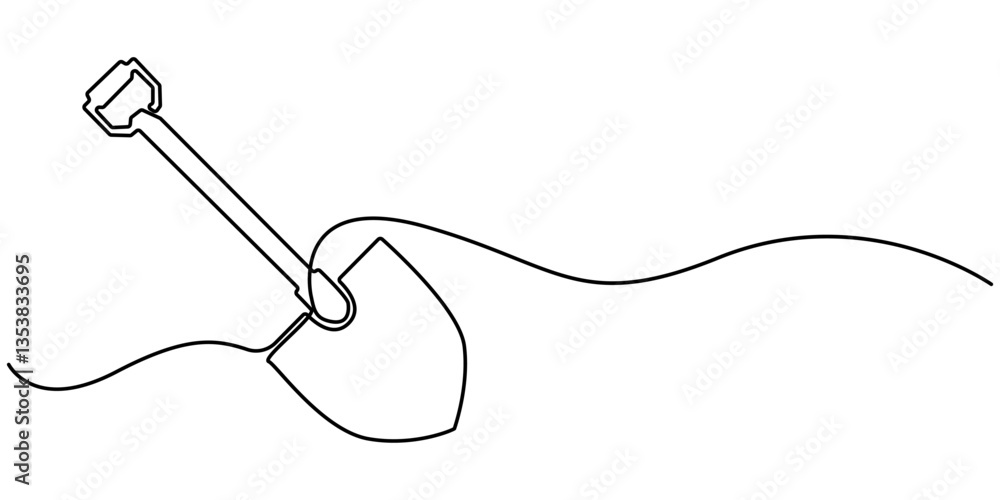 Obraz premium Shovel, dig, construction, cleaning one line art. Continuous line drawing of repair, professional, hand, people, concept, support, maintenance, Line Art Spade Tool Illustration. Scoop Sketch. 