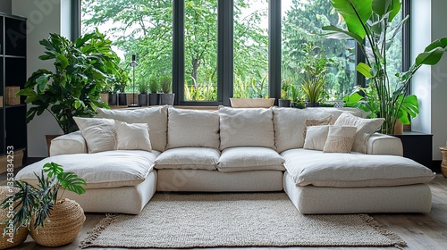 Large off-white sectional sofa in a sunlit living room with plants.