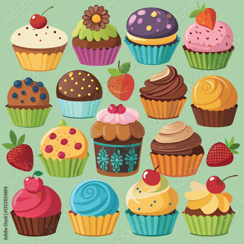 Seamless cupcake pattern with colorful desserts and sweet treats