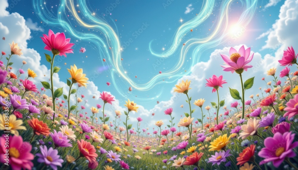 Obraz premium Create a fantasy landscape with towering flowers resembling musical instruments, emitting colorful sound waves into an enchanted sky filled with sparkles and dreamy clouds.