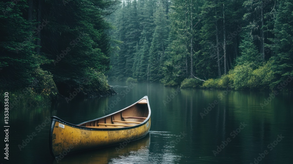 Fototapeta premium A tranquil canoe rests upon a serene river, embraced by majestic forests