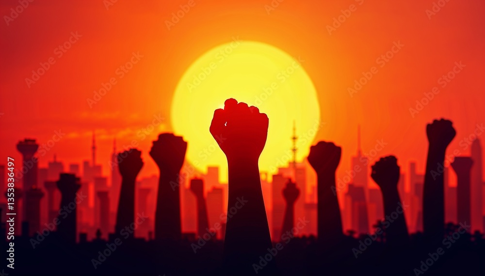 Silhouetted Raised Fists Against Sunset Symbolizing Unity and Protest Silhouetted Raised Fists Against Sunset Symbolizing Unity and Protest