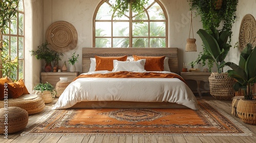 Bohemian bedroom interior design with plants, wooden furniture, and orange rug.