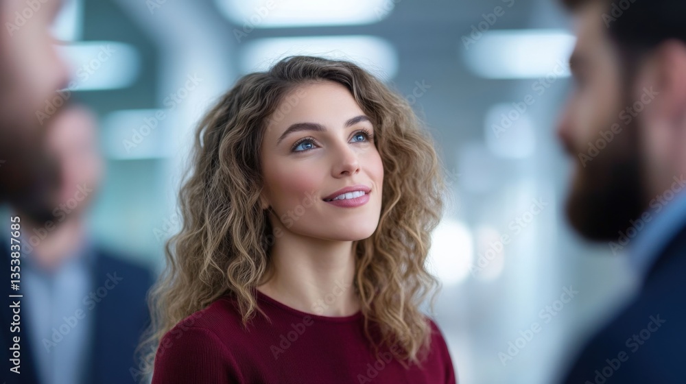 Woman looking up with colleagues Woman looking up with colleagues