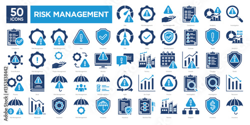 Risk management icon collection set, including compliance, security, insurance, analytics, and monitoring. Perfect for business reports, infographics, and corporate presentations.