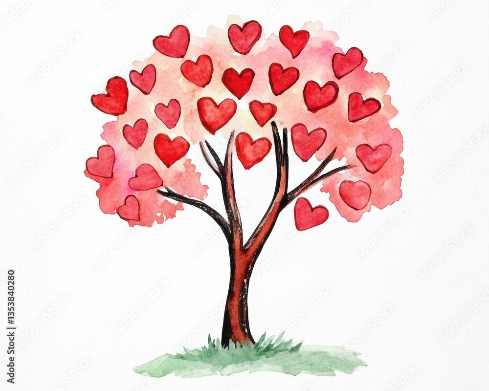 Fototapeta premium Watercolor painting of a tree adorned with numerous red hearts