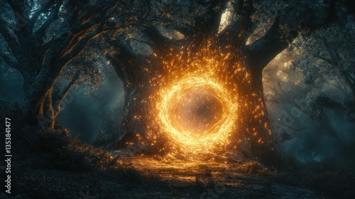Mystical, fiery portal opening in a dark, ancient forest.