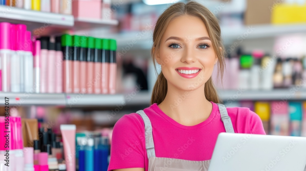 Smiling young woman using a tablet in a brightly lit cosmetics store. Pink and gray color scheme. Shelves of beauty products are in the background. Smiling young woman using a tablet in a brightly lit cosmetics store. Pink and gray color scheme. Shelves of beauty products are in the background.