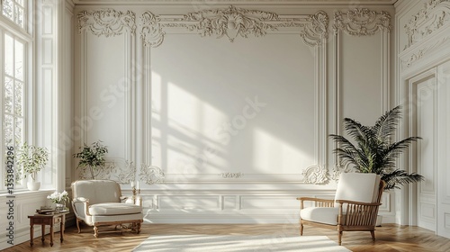 Sunlit elegant room with ornate wall paneling, armchairs, and plants.
