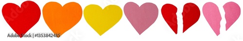 Isolated collection of normal and broken paper cut hearts on white background