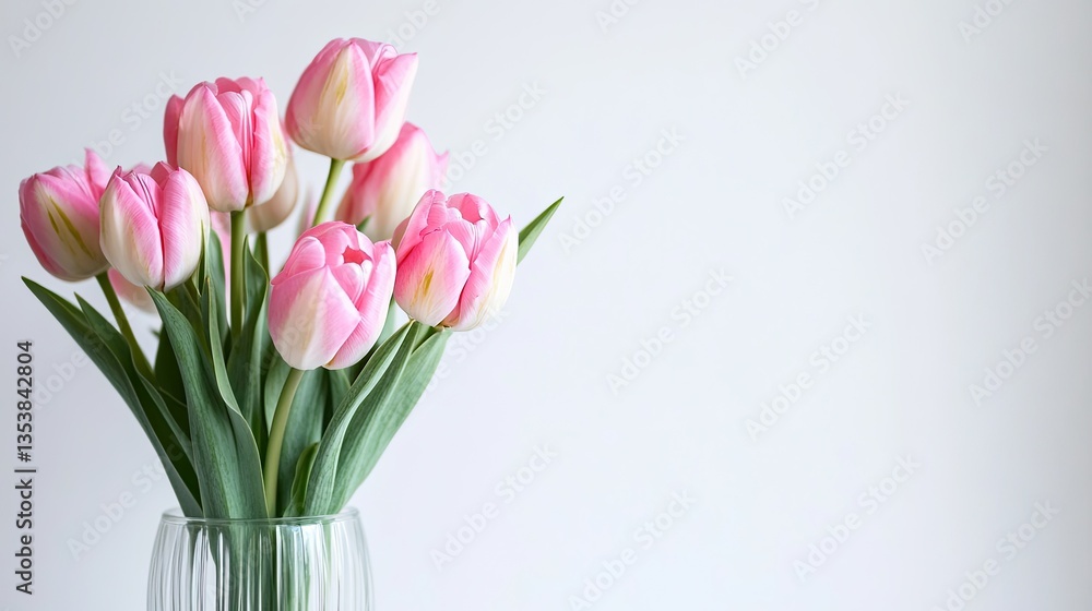 Fototapeta premium Fresh Pink Tulips in a Clear Vase on Light Background