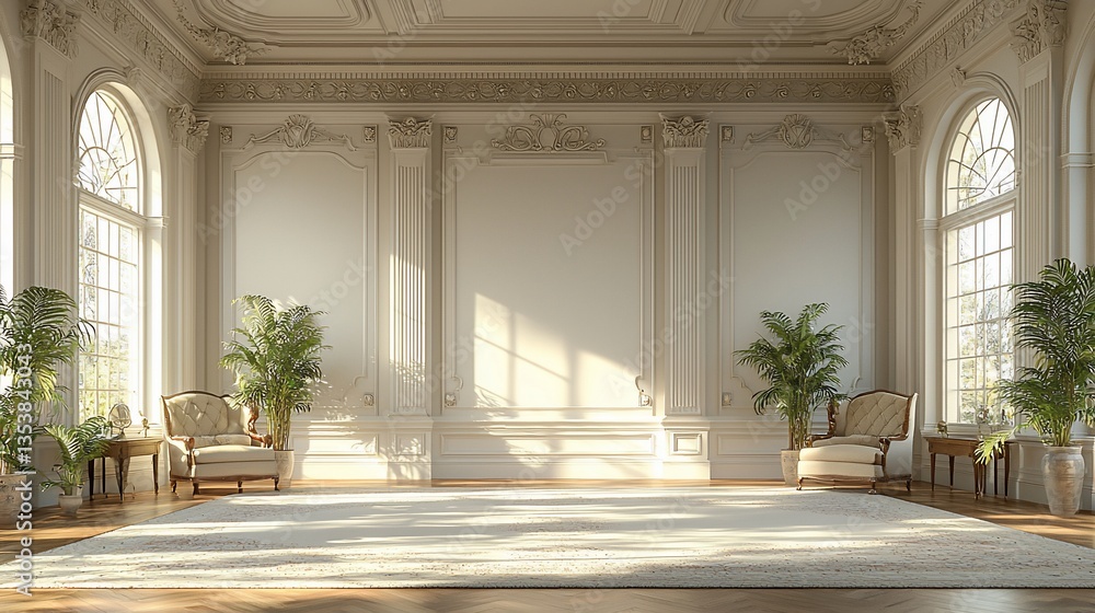 Fototapeta premium Sunlit classic interior with ornate walls, large windows, and armchairs.