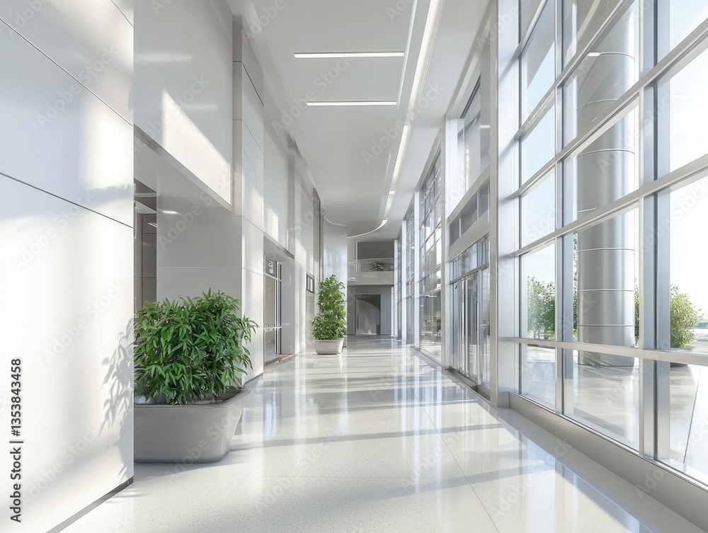 An architectural interior view of a bright corridor with large windows, showcasing modern design and spaciousness. The corridor is well-lit, clean, and minimalist. An architectural interior view of a bright corridor with large windows, showcasing modern design and spaciousness. The corridor is well-lit, clean, and minimalist.