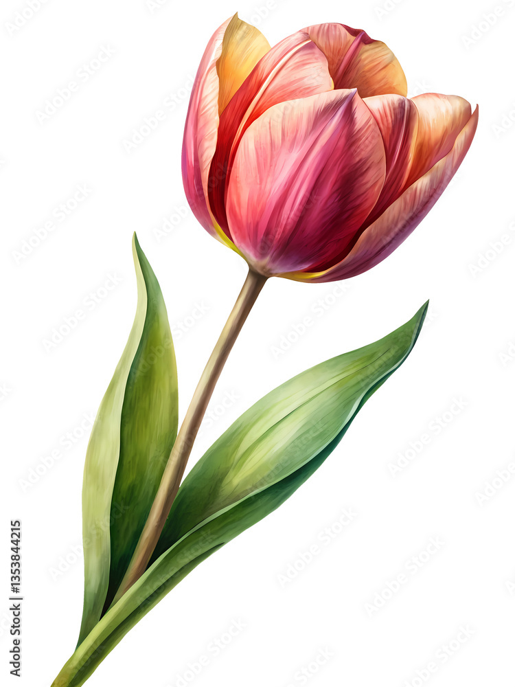 Fototapeta premium A Single Pink and Yellow Tulip with Green Leaves on White Background Botanical Illustration