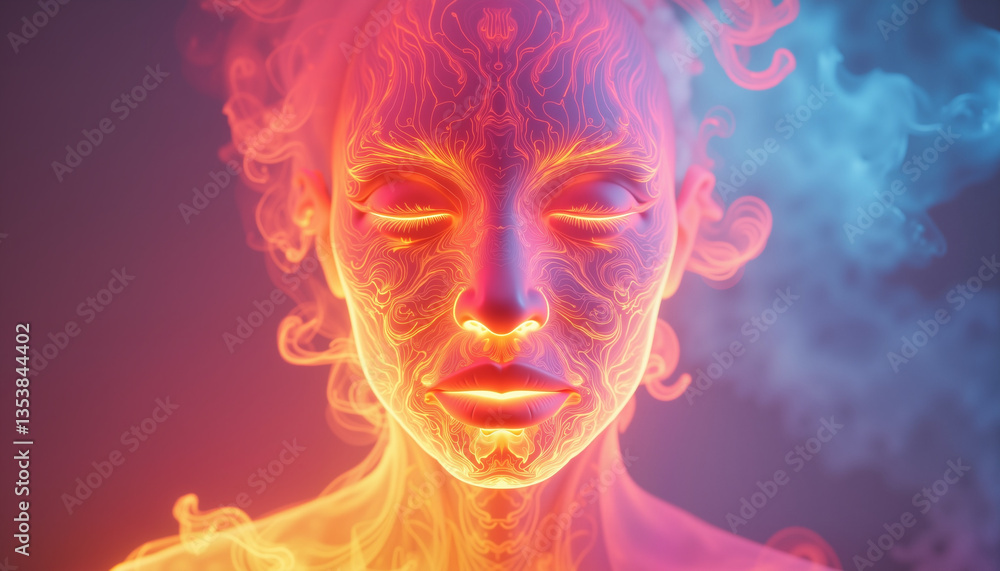 Ethereal woman with fiery patterns, glowing in vibrant colors against a misty background Ethereal woman with fiery patterns, glowing in vibrant colors against a misty background