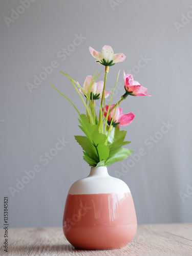 Dry Flower in Pink ceramic vase, Minimal interior decoration concept.
